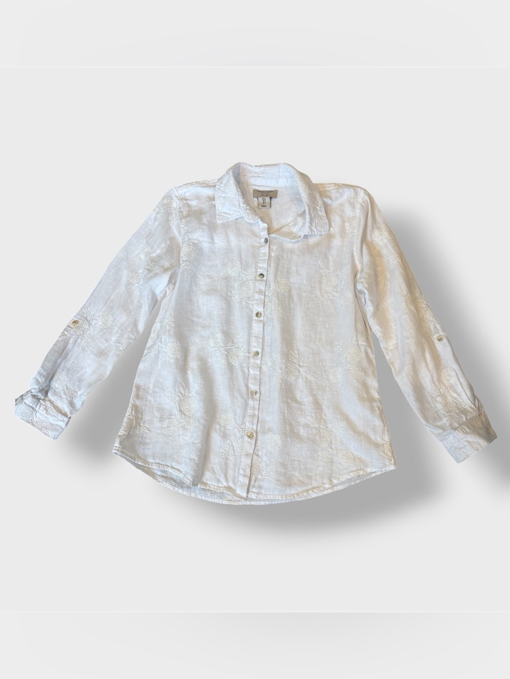 White Embroidered Linen Button-Down Shirt